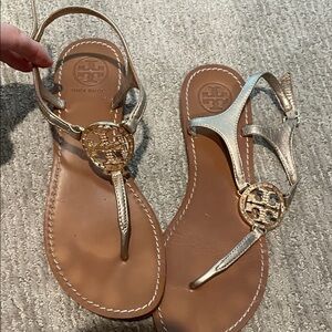 Tory Burch Gold Metallic Logo T-Strap Sandals